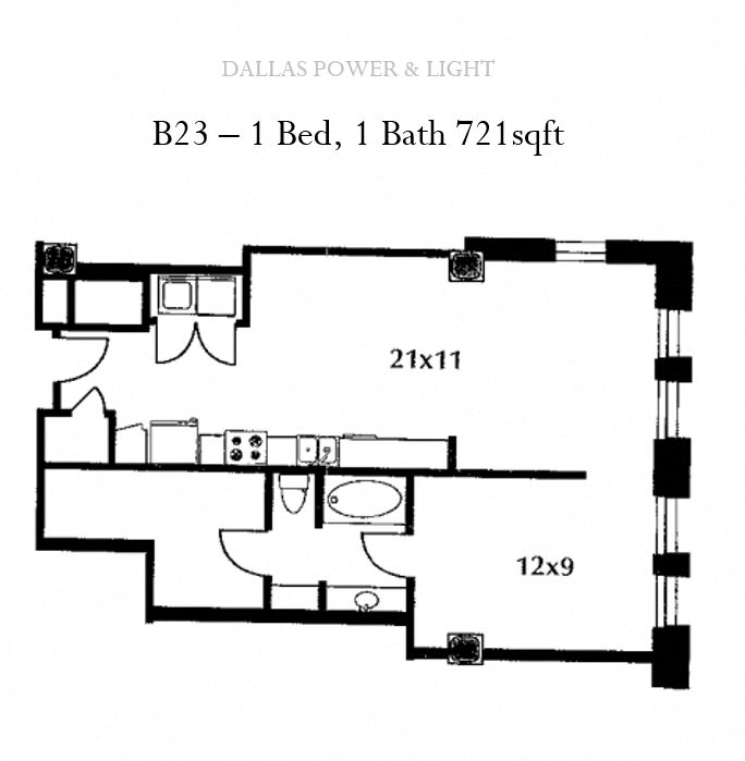 Floor plan for 1 bed, 1 bath, 827 sqft